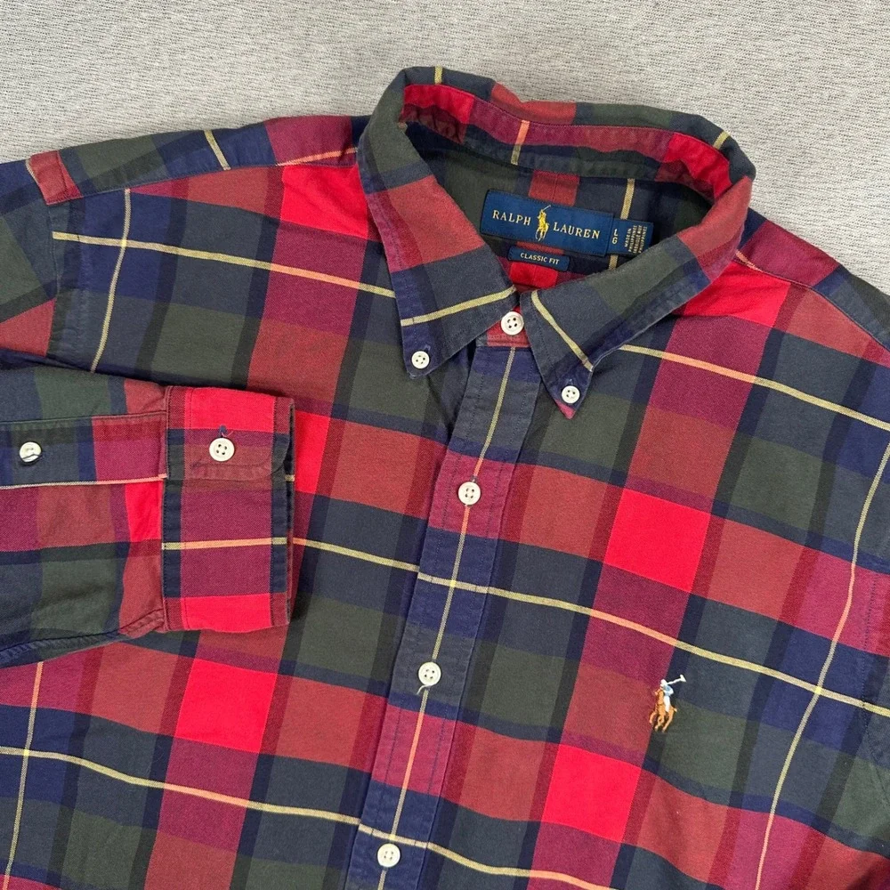 Polo Ralph Lauren Shirt Mens Large Classic Fit Red Green Plaid Button Down